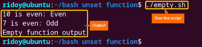 remove empty function from script using unset command