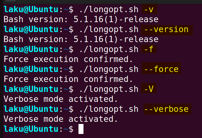 Handling long and short form of options using getopts command in Bash