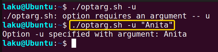 Option in getopts with additional argument accessed by OPTARG in bash