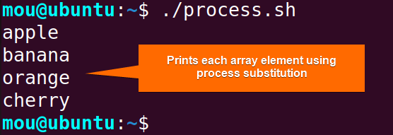 returns array elements from function using process substitution