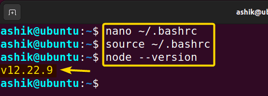 executing bashrc file and checking node version