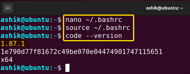 executing bashrc file and checking code version