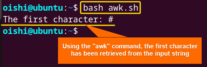 Get the first character of string in bash using awk command