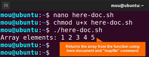 returns array elements from function using here-document