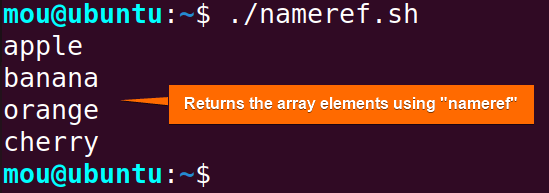 returns array elements from function using nameref