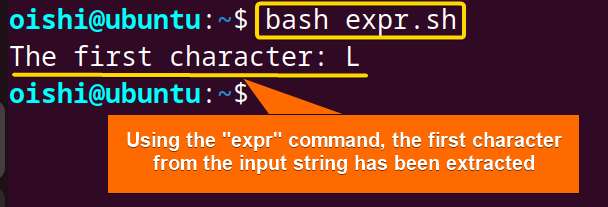 Using the expr command get the first character of string in bash