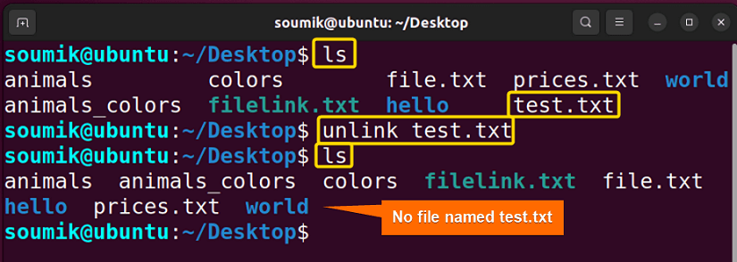 Deleting file using unlink command