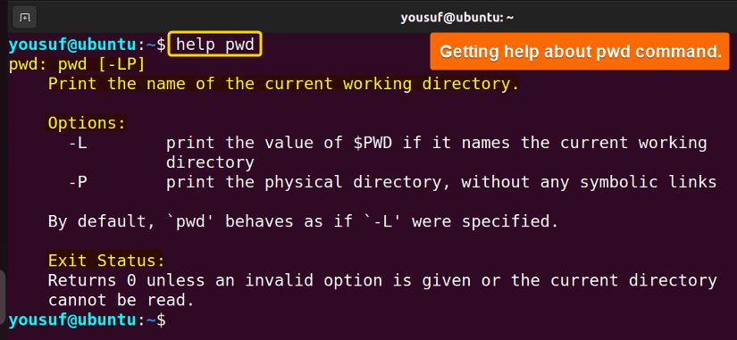 Getting help with pwd command using help command