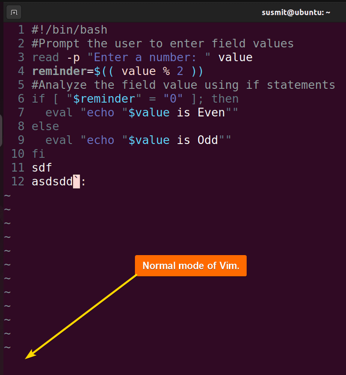 Normal mode of the vim editor.
