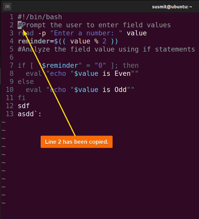 Line 2 is copied in Vim.