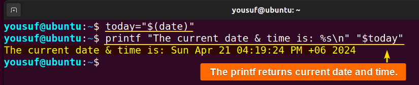 Assigning date command in a variable and printing date and time with printf