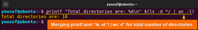 Combining printf, ws and ls commands to get total number of directories