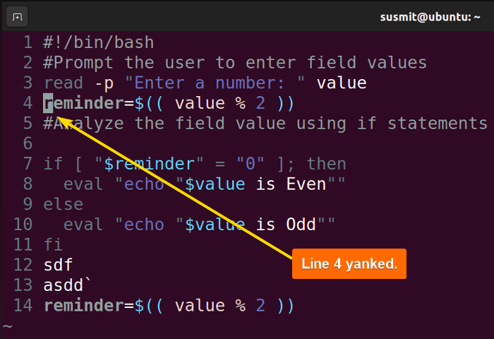 Line 4 is copied in Vim.