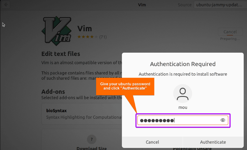 authenticate before installing vim