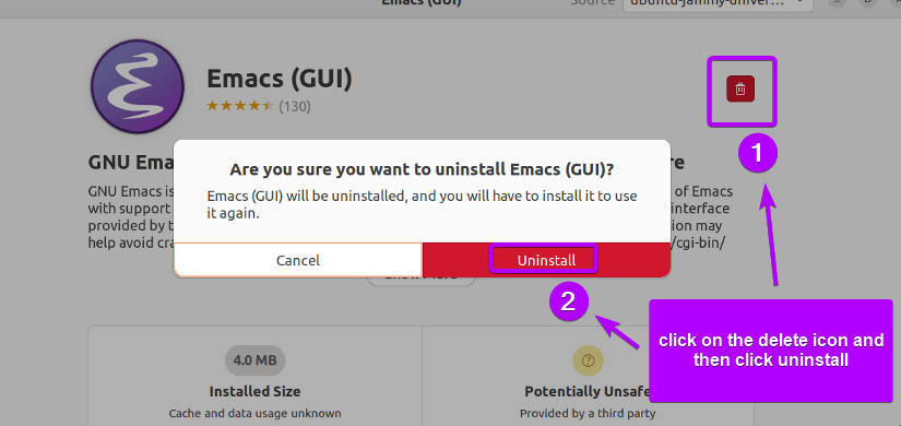 uninstalling emacs from gui 