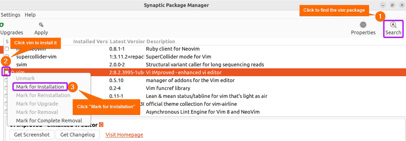 install vim using synaptic package manager