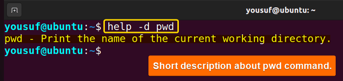 Using help with -d option to print short description of a specified command