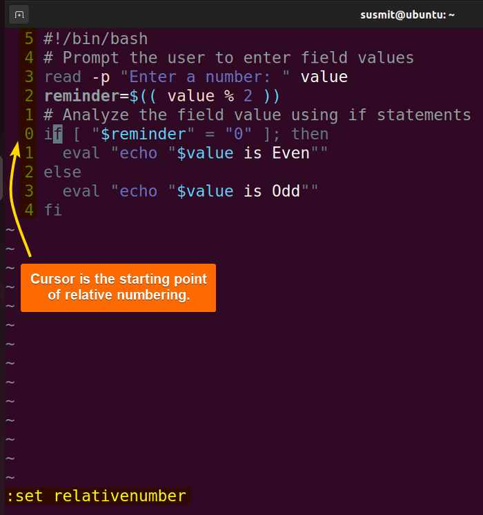 Relative line numbers shown in vim editor.
