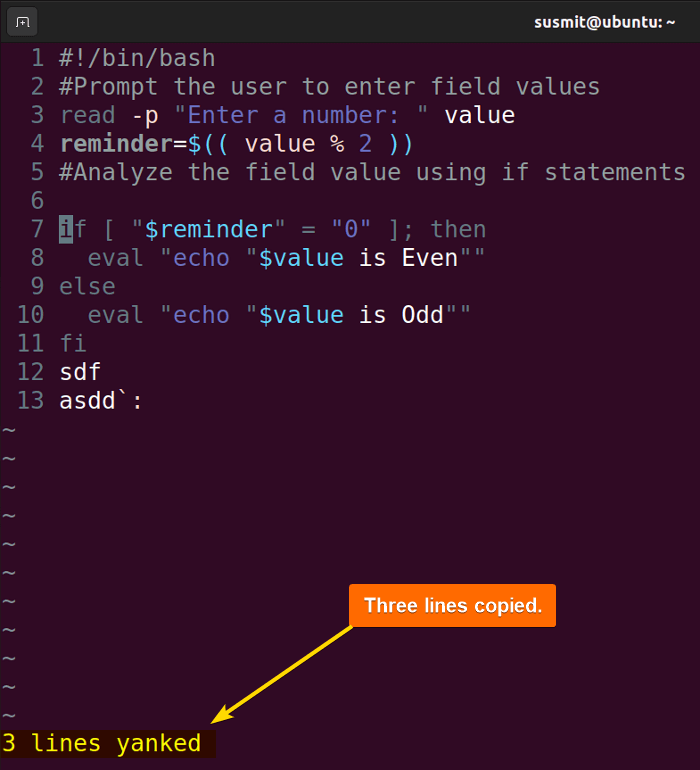 Three lines has been copied in Vim.