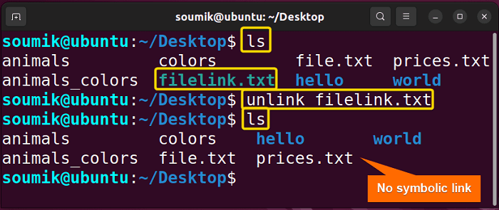 Deleting symlink using unlink command