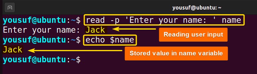 Reading user input with read -p command and displaying the stored value in name variable using echo command