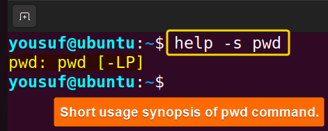 Using help with -s to view syntax of a command