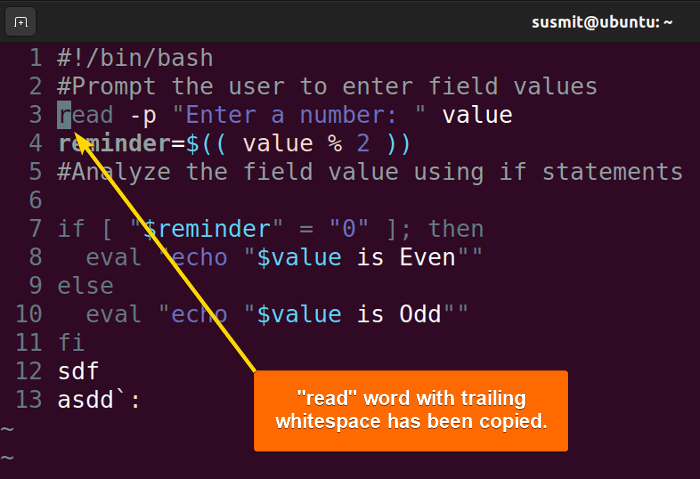 Word with trailing whitespace has been copied.