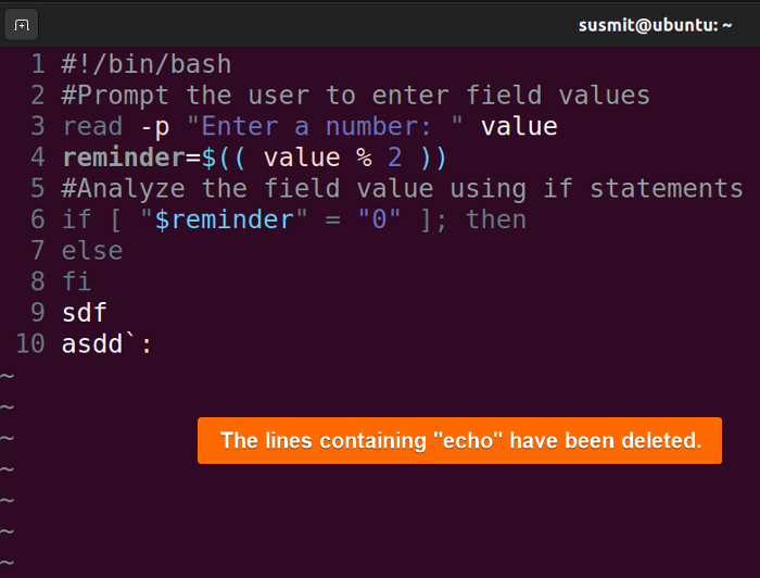 all lines containing "echo" have been deleted in Vim.