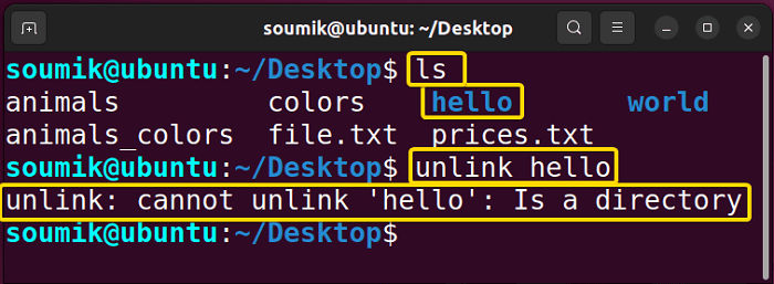 Directories cannot be deleted using unlink command