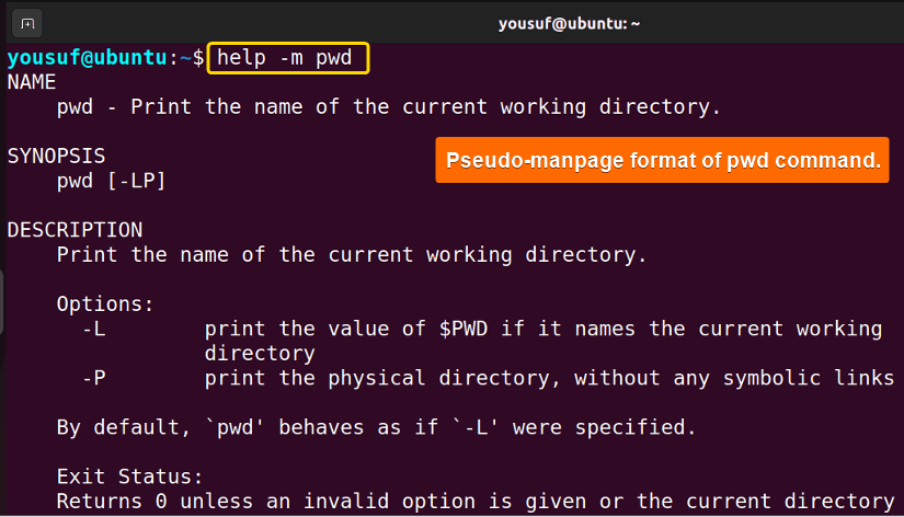 Displaying manpage format of help output using help command with -m option