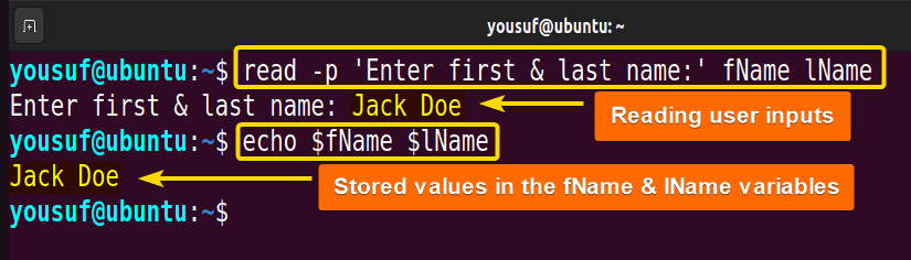 Storing values in fName and iName variables using read -p command