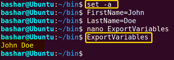 using set -a command to export variables