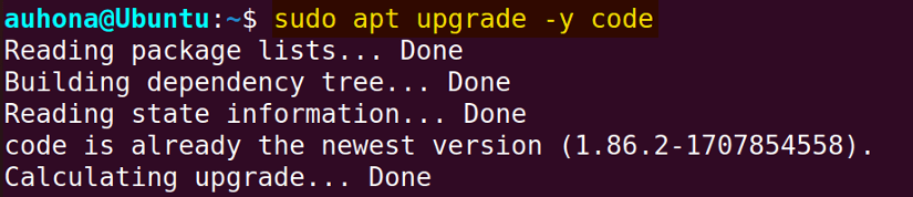 Executing the command "sudo apt upgrade -y code", the VSCode is upgraded.