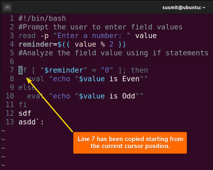 Line 7 has been copied starting from the current cursor position.