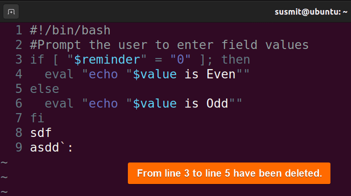 From line 3 to line 5 have been deleted in Vim.