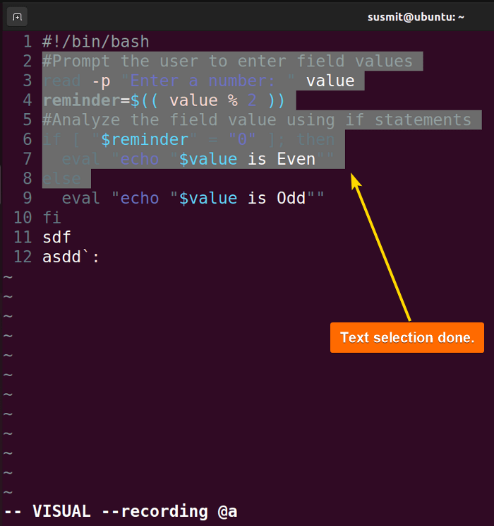 Text selection done in vim.