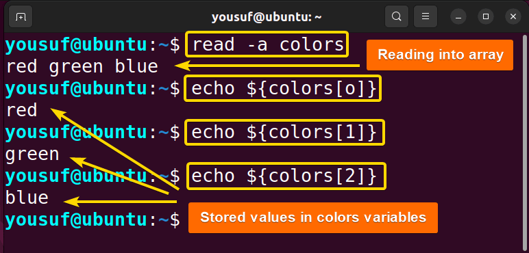 Using echo command to retrieve the stored values under colors variables