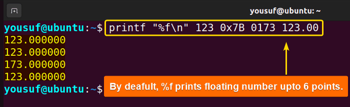 Using %f specifier with printf command to display float values
