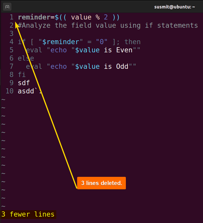 All lines before the cursor have been deleted in Vim.