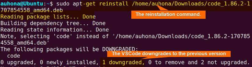 Executing the command, reinstall the VSCode previous version.