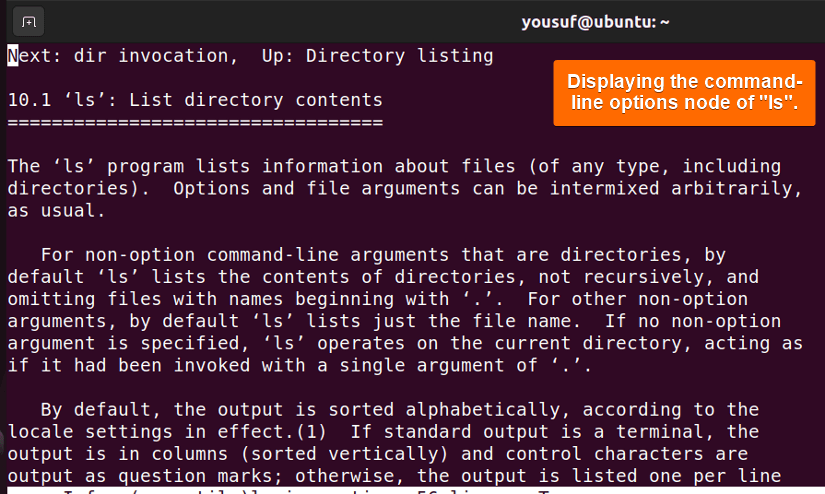 Viewing command-line options using info command with -O