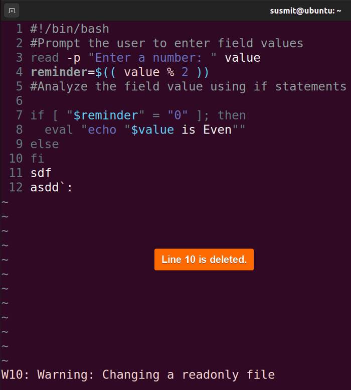 Line 10 has been deleted in Vim.