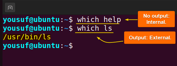 Using which command to check if a command is either internal or external