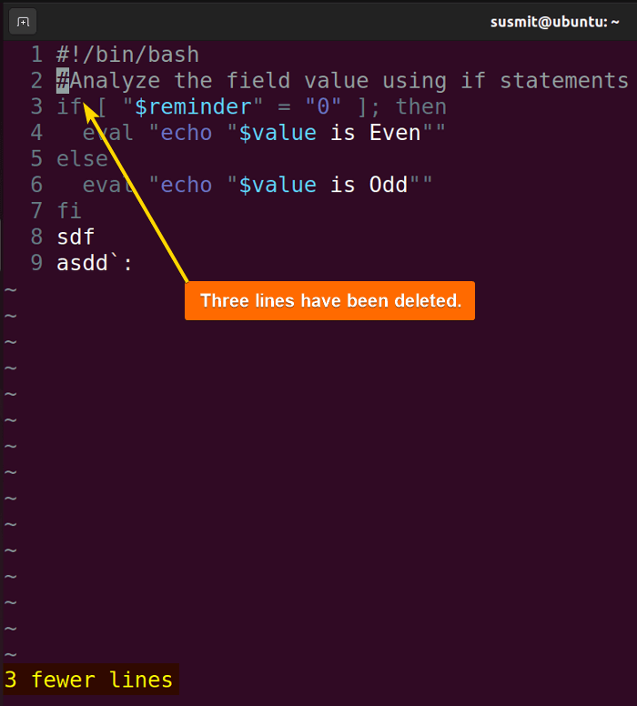 Three lines have been deleted in Vim.