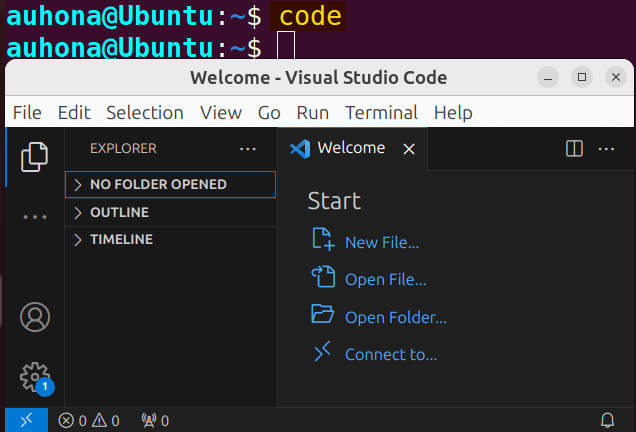 Run the command "code" in the terminal to open VSCode in the terminal.