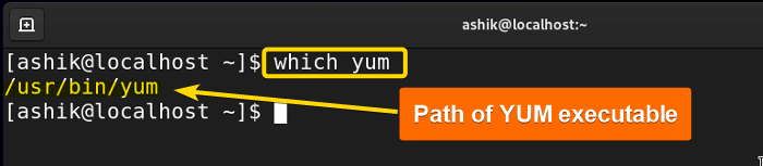 executing which yum command