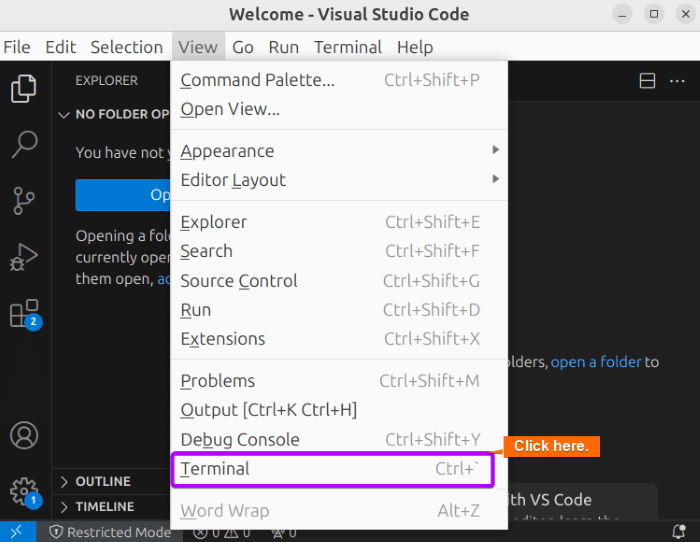 Open terminal in VSCode from the Menu bar