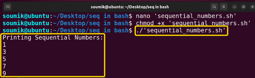 Executing bash script for sequential numbers