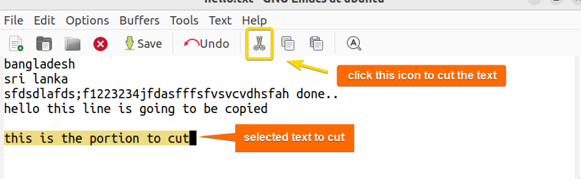 text selected and then cut using toolbar icon