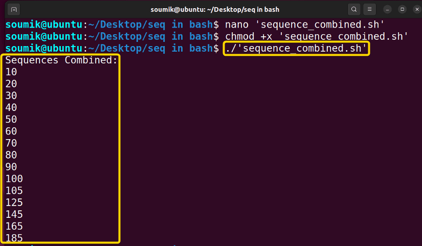 Executing bash script for combined sequences